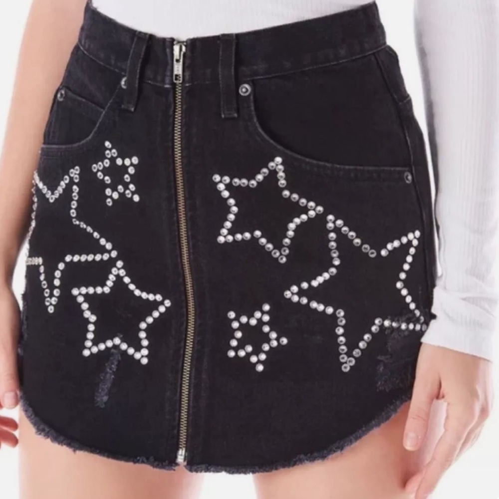 Carmar Denim Beatrice Rhinestone Star Zip Front Mini Skirt Black Size 25